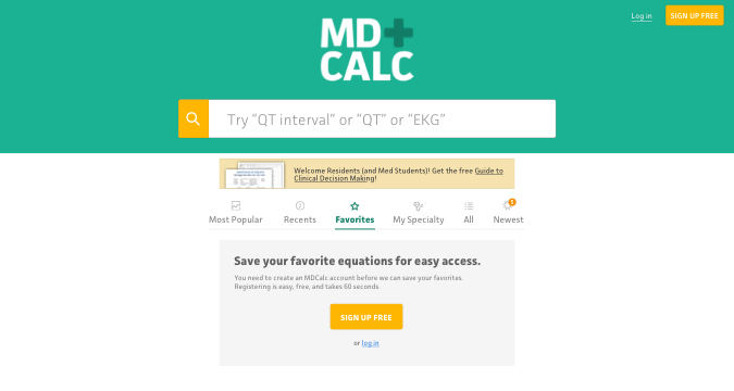 MDCalc favorite calcs UI on desktop