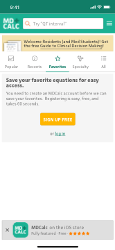 MDCalc favorite calcs UI on mobile