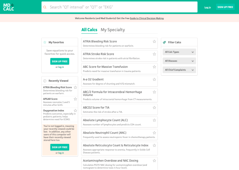 MDCalc homepage UI, iteration version 1