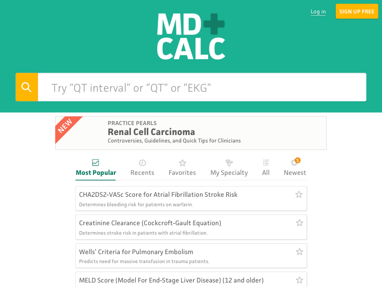 MDCalc homepage UI, iteration version 3